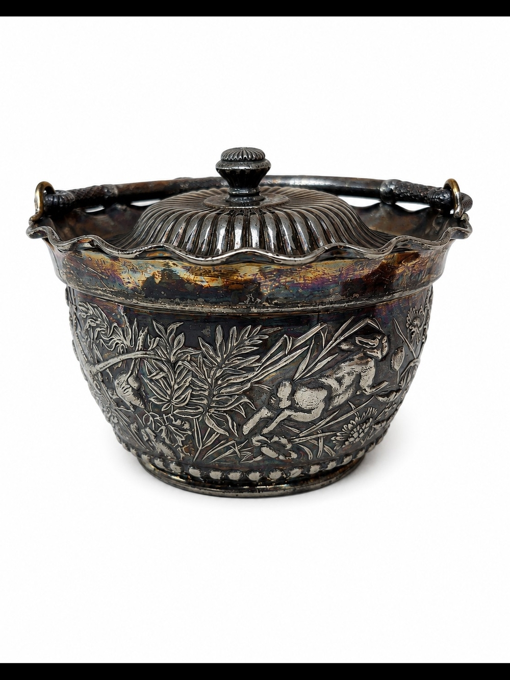 Ornate Antique Victorian Floral & Animal Repoussé Silverplate Bowl with Lid